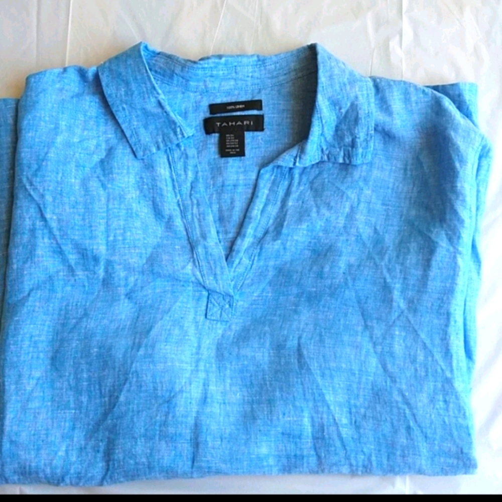 TAHARI Women's Plus 100% Linen Top Blouse 1X Blue